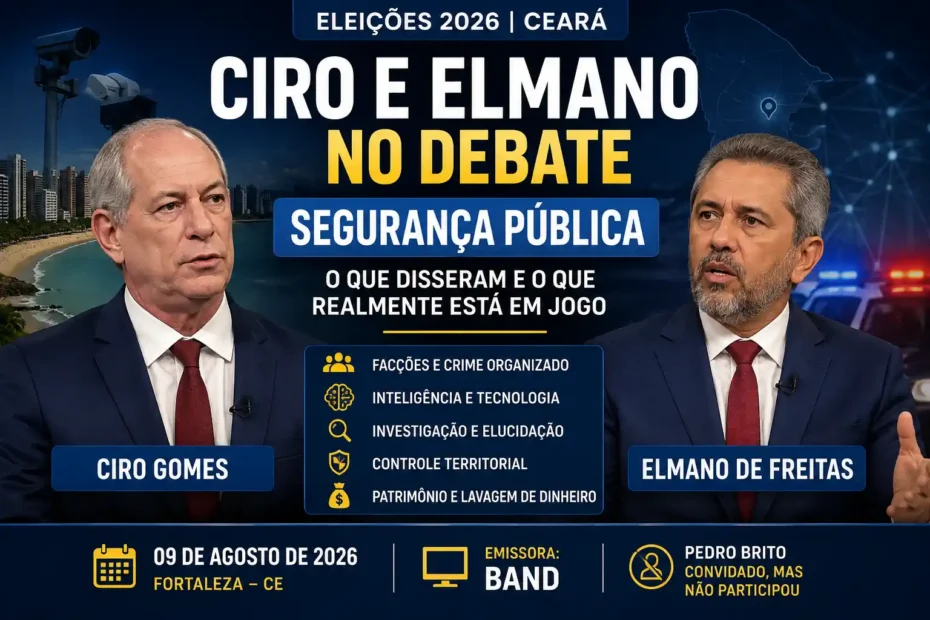 Ciro Gomes e Elmano de Freitas no debate da Band de 9 de agosto de 2026 sobre segurança pública no Ceará.