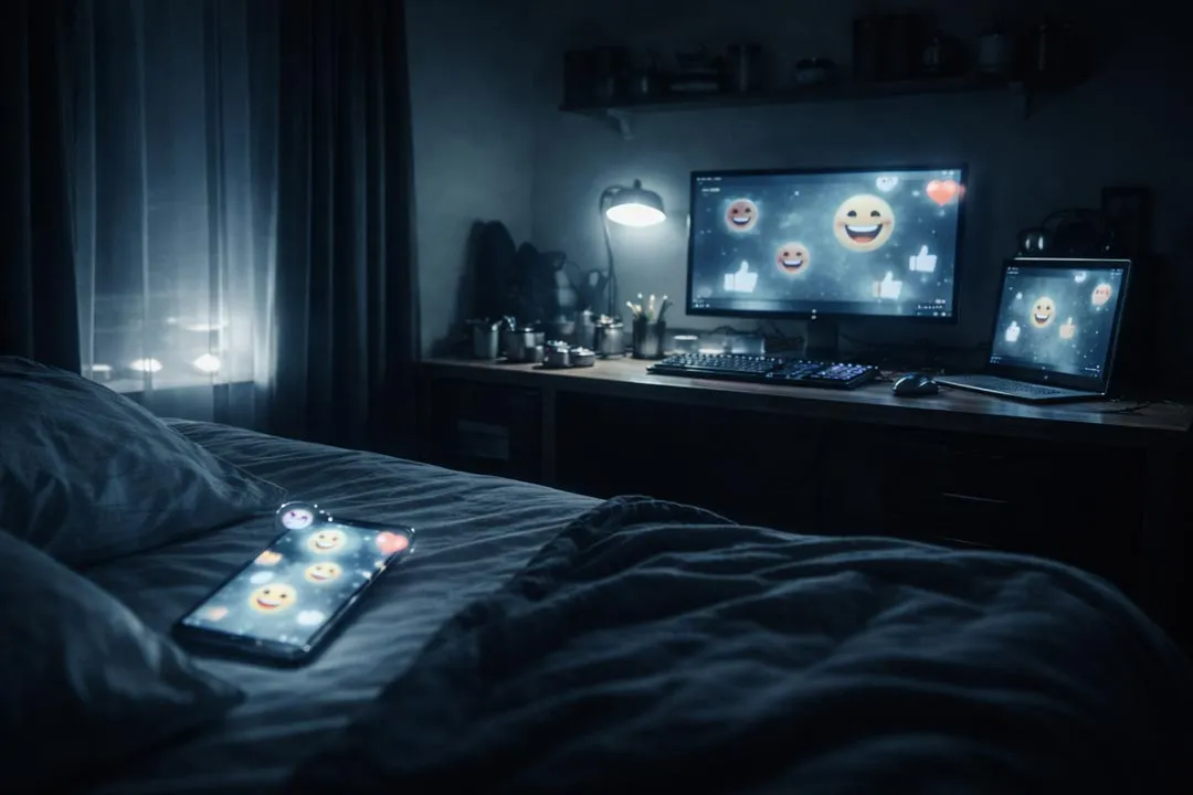 Quarto escuro iluminado por telas digitais mostra violência extrema digital sendo reforçada por reações online, transformando o espaço doméstico em ambiente de validação da crueldade.