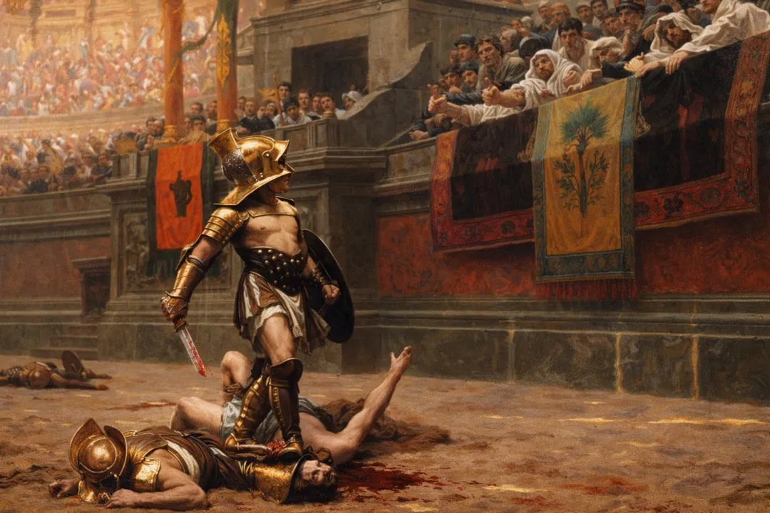 Gladiador em arena romana observa a multidão exibindo polegar para cima, representando a violência extrema como espetáculo validado socialmente.