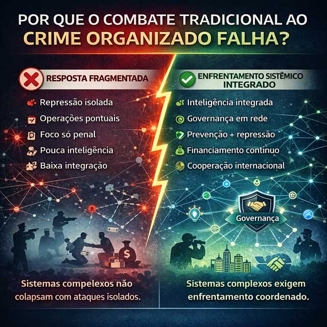 O enfrentamento ao crime organizado exige inteligência integrada e cooperação contínua. Compare o modelo tradicional com o sistêmico.