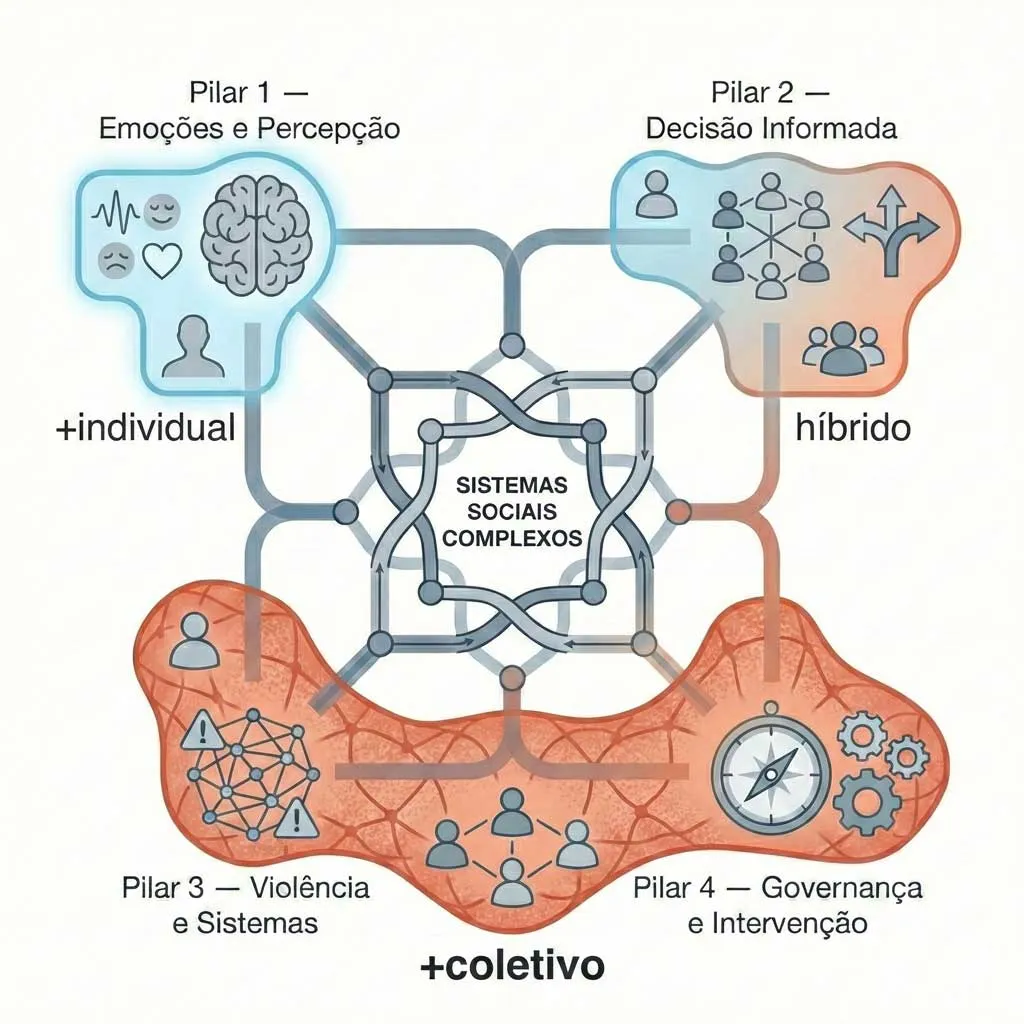 Os quatro pilares do [S] Lab formam um modelo integrado: emoções orientam percepções, decisões moldam contextos, contextos produzem violência e a complexidade define como intervir sem agravar riscos. Um mapa para compreender e agir no mundo real.