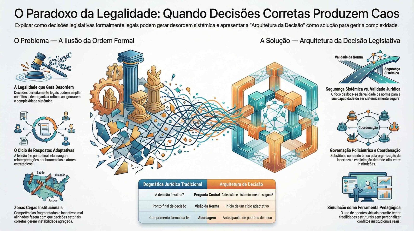 Infográfico mostrando como decisões legislativas formalmente corretas podem gerar caos sistêmico e como a arquitetura da decisão legislativa organiza respostas adaptativas.