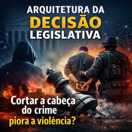 Capa do podcast Arquitetura da Decisão Legislativa sobre crime organizado, mostrando prisão de suspeito, símbolo de liderança quebrada e debate sobre violência sistêmica.