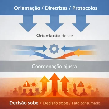 A imagem representa como a decisão na segurança pública se organiza a partir de dois fluxos simultâneos: orientações que descem do topo institucional e decisões sob risco que sobem da ponta, estruturando a coordenação institucional no encontro entre esses movimentos.