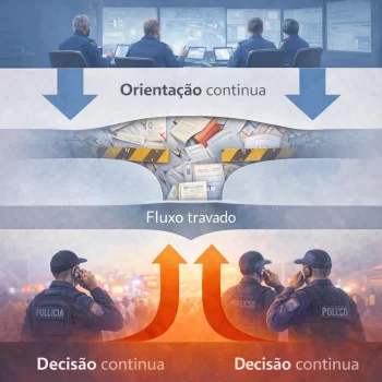 A imagem mostra como a decisão na segurança pública continua ocorrendo na ponta, mesmo quando a coordenação institucional se perde em gargalos informacionais que impedem o retorno do aprendizado ao sistema.