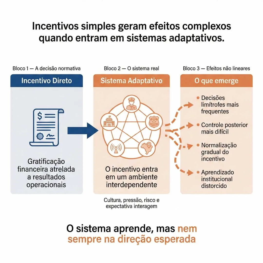A imagem representa como um incentivo normativo simples, ao entrar em um sistema adaptativo complexo, desencadeia interações não lineares entre atores, estruturas e expectativas. Em vez de produzir efeitos controláveis, o incentivo reorganiza decisões, desloca riscos e gera padrões emergentes difíceis de antecipar ou corrigir posteriormente.