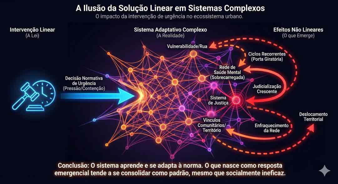 O sistema aprende, mas nem sempre na direção esperada. Ao analisar a complexidade da internação involuntária, identificamos que o risco real não é apenas clínico, mas sistêmico. As setas vermelhas do infográfico mostram o 'efeito bumerangue': sem retaguarda social robusta, a medida de contenção cria uma 'porta giratória' que devolve o indivíduo à vulnerabilidade, muitas vezes em situação mais frágil do que quando entrou