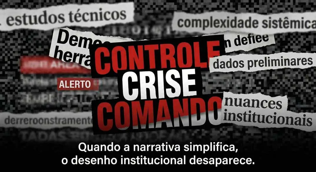 Esta imagem visualiza o atalho cognitivo produzido pela cobertura de crises. Manchetes alarmistas, focadas em palavras de ordem como "CONTROLE" e "COMANDO", criam um ruído ensurdecedor que se sobrepõe às nuances técnicas e institucionais (visíveis no fundo borrado). Ao vender a ilusão de que uma solução centralizada é possível, essa narrativa simplificadora torna invisível a realidade da policentria na segurança pública, onde a governança depende da articulação entre múltiplos centros de poder e não de um único "chefe".