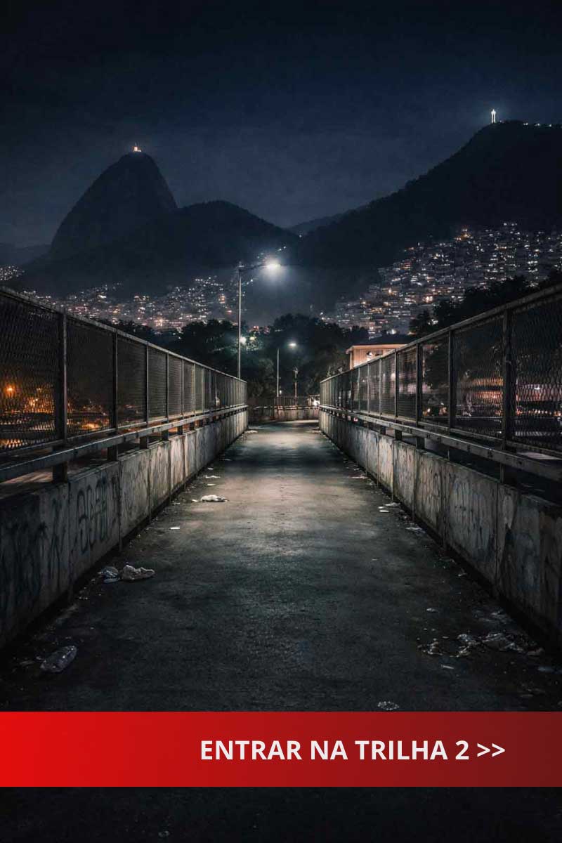 Passarela urbana vazia no Rio de Janeiro à noite, com infraestrutura pública e cidade ao fundo, representando violência como efeito de sistemas mal coordenados