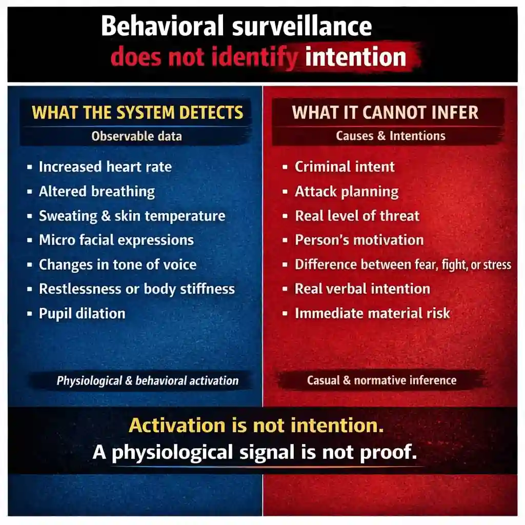 Infographic explaining that behavioral surveillance systems detect physiological activation such as heart rate, breathing changes, sweating, facial micro-expressions, and voice tone, but cannot infer criminal intent, motivation, or real threat.
