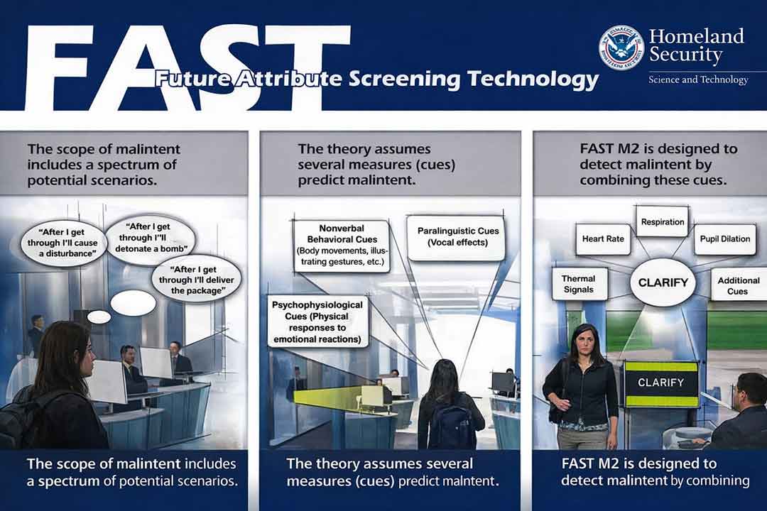Imagem institucional do programa FAST, do Department of Homeland Security, ilustrando a proposta de vigilância comportamental e predição do comportamento a partir de sinais fisiológicos e comportamentais.
