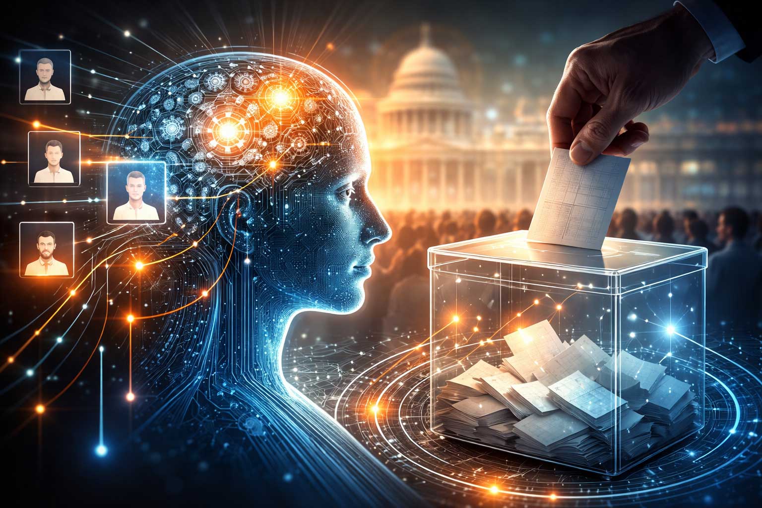 Ilustração conceitual sobre decisão eleitoral sob racionalidade limitada com cérebro digital conectado a urna de votação