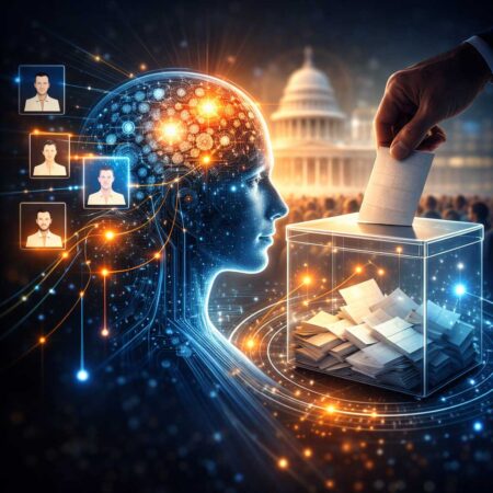 Ilustração conceitual de decisão eleitoral e racionalidade limitada com urna e representação cognitiva