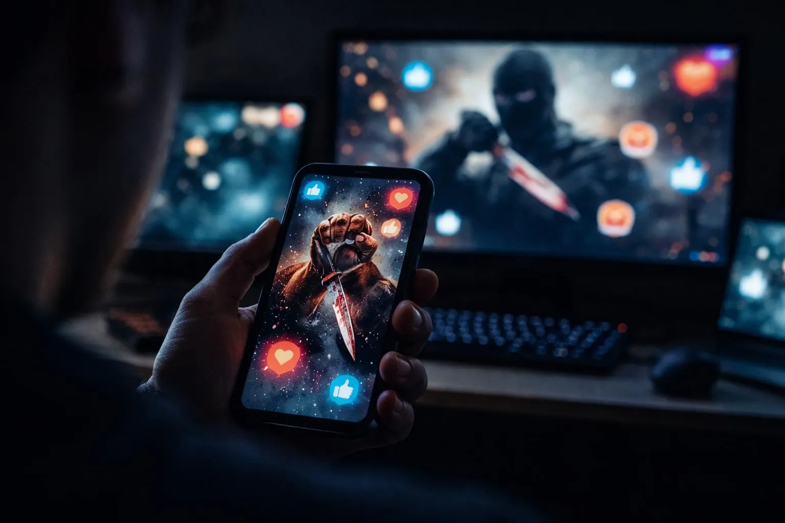 Pessoa observa imagens violentas em telas digitais cercadas por reações de redes sociais, representando a violência extrema digital reforçada por validação social.