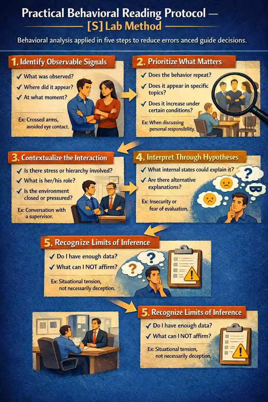 Infographic explaining the Practical Behavioral Reading Protocol using the S Lab Method, a five step behavioral analysis framework for interpreting observable signals, contextualizing interactions and recognizing inference limits.