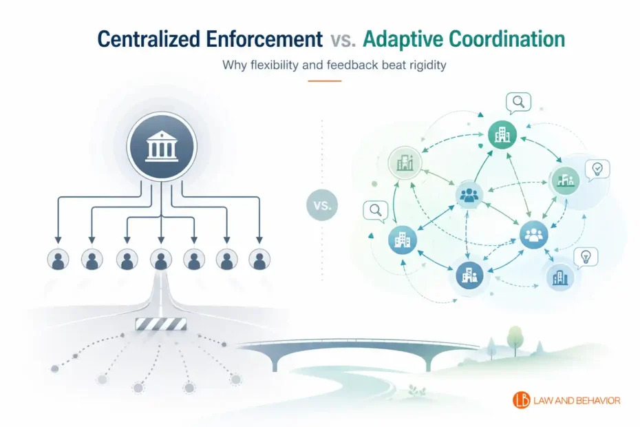 Conceptual image comparing centralized enforcement with adaptive coordination in public safety against organized crime.