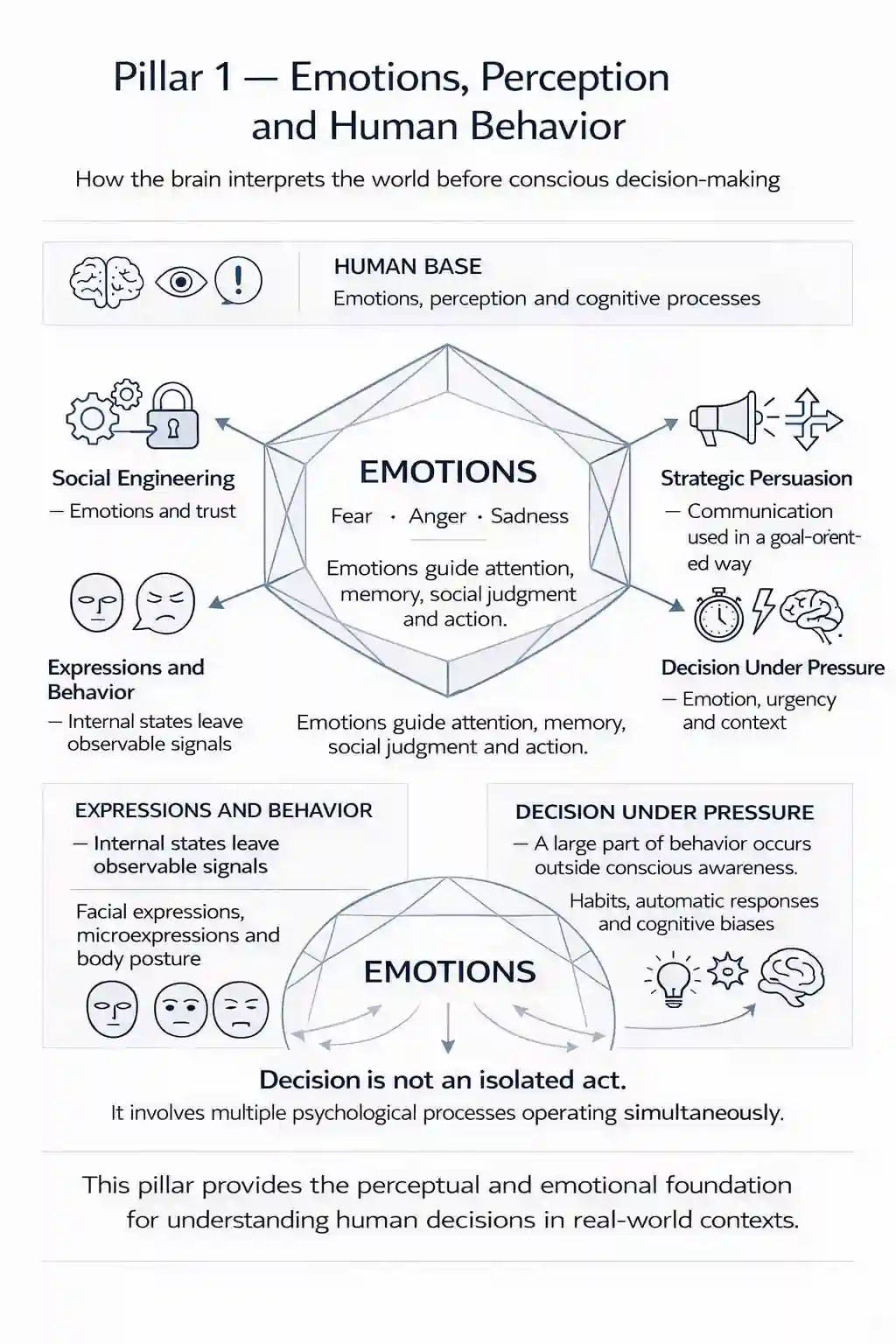 Infographic explaining Pillar 1 of the S Lab framework, showing how emotions, perception and cognitive processes influence human behavior and decision making.