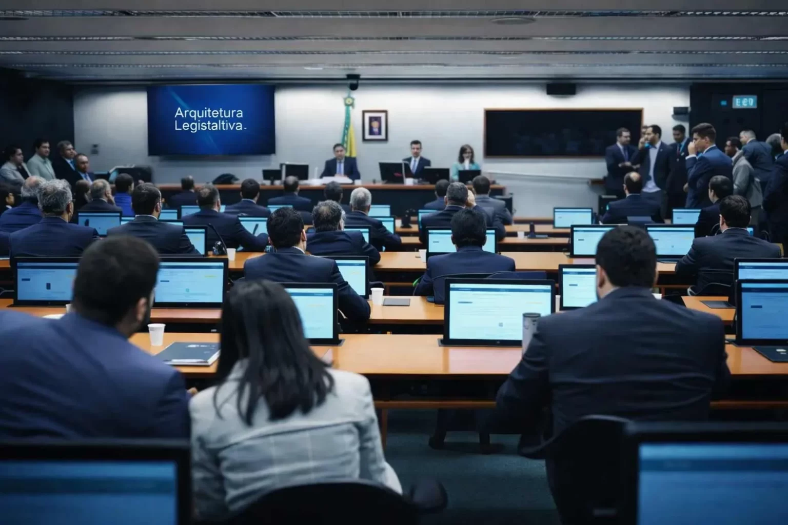 Sessão legislativa com painel exibindo o tema arquitetura legislativa, associada a artigo sobre decisão legislativa e problemas complexos