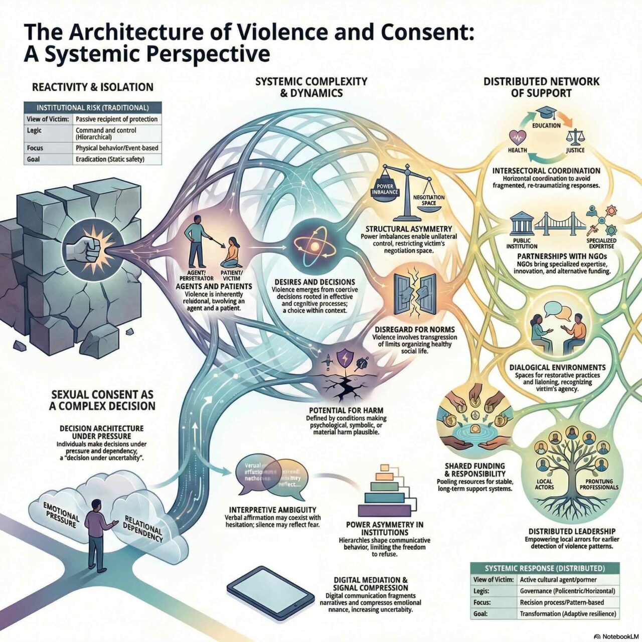 Ilustração conceitual das dimensões da violência como sistema, mostrando interdependência entre fatores institucionais, sociais, econômicos e adaptativos.