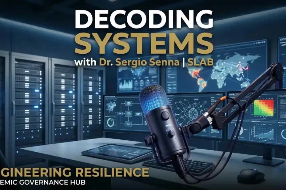 Dr. Sergio Senna’s Decoding Systems Podcast cover art, featuring a professional broadcast setup in a high-tech command center. Text includes Engineering Resilience and Systemic Governance Hub by SLAB Legislative Architecture Laboratory.