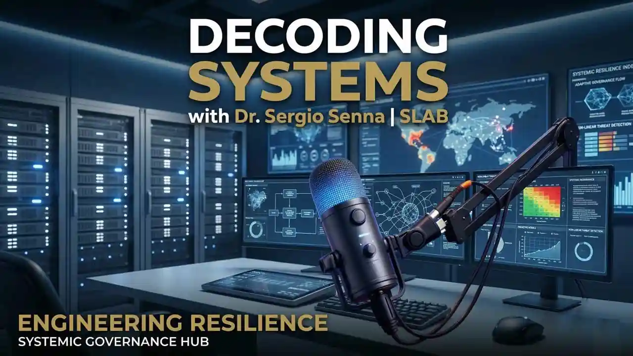 Dr. Sergio Senna’s Decoding Systems Podcast cover art, featuring a professional broadcast setup in a high-tech command center. Text includes Engineering Resilience and Systemic Governance Hub by SLAB Legislative Architecture Laboratory.