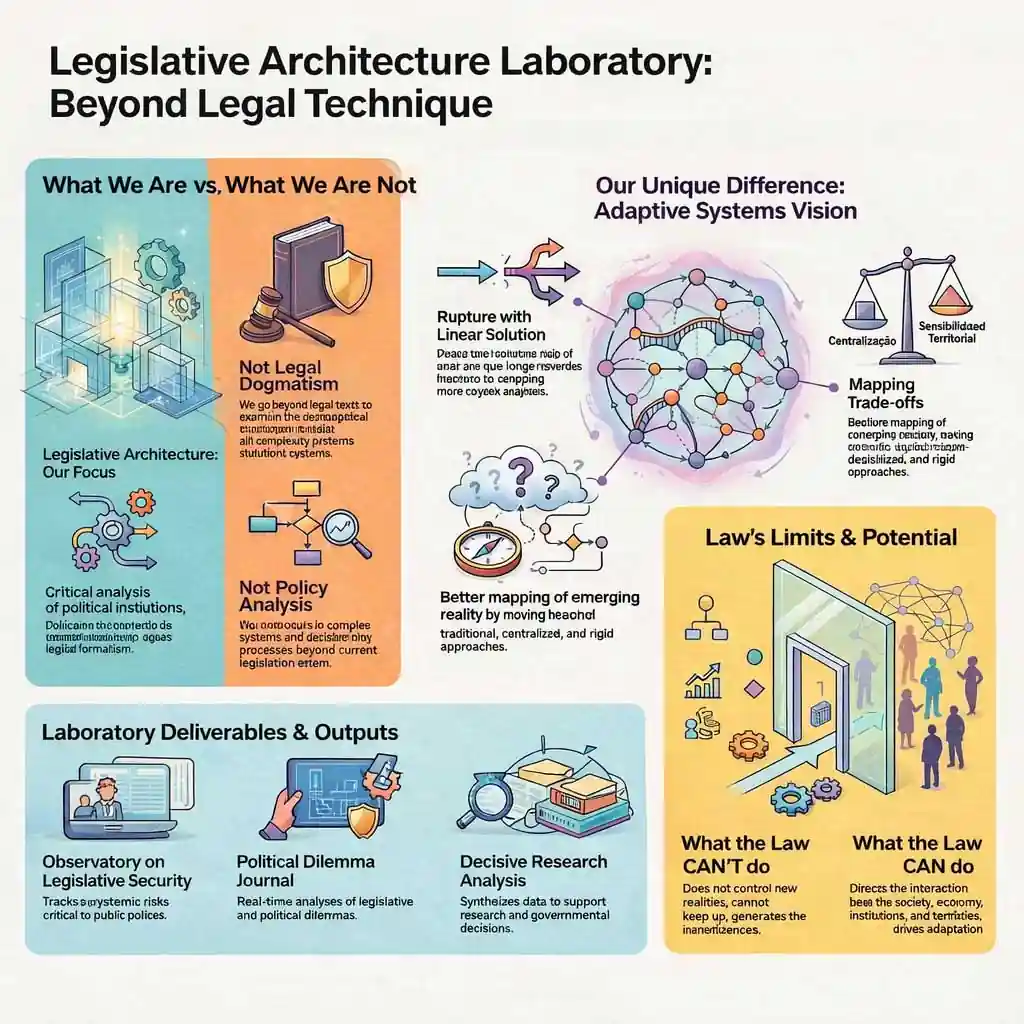 Infographic explaining the Legislative Architecture Laboratory approach to systemic governance, adaptive systems, and the limits and potential of law
