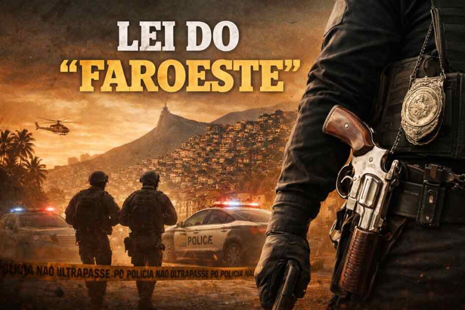 Imagem com estética de faroeste mostra operação policial em favela do Rio, simbolizando decisão sob pressão e efeitos complexos da Lei do “faroeste”.