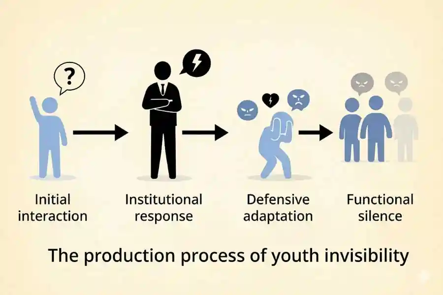 Infographic in four stages showing the institutional production of youth invisibility: initial interaction, institutional response, defensive adaptation, and functional silence