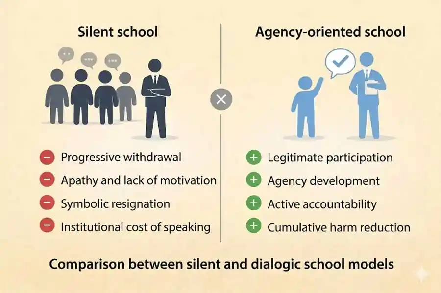 Comparison infographic between a silent school model, showing negative outcomes like symbolic resignation, and an agency-oriented school with positive outcomes like active accountability.