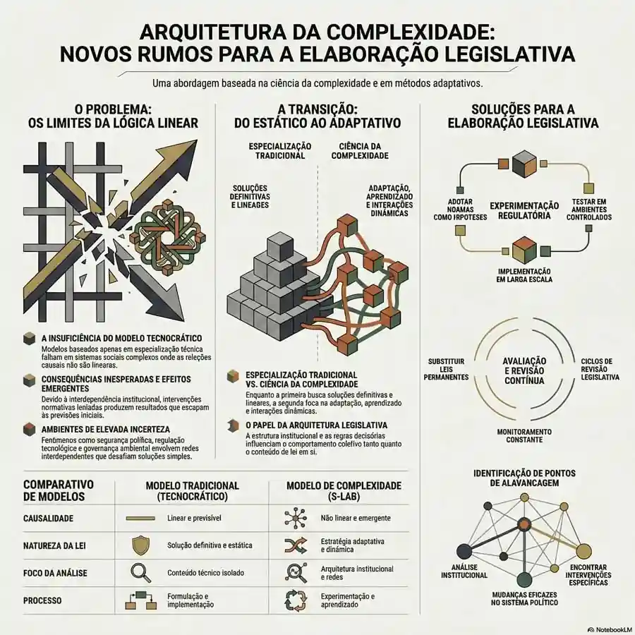 infográfico sobre arquitetura da complexidade aplicada à elaboração legislativa e sistemas institucionais adaptativos