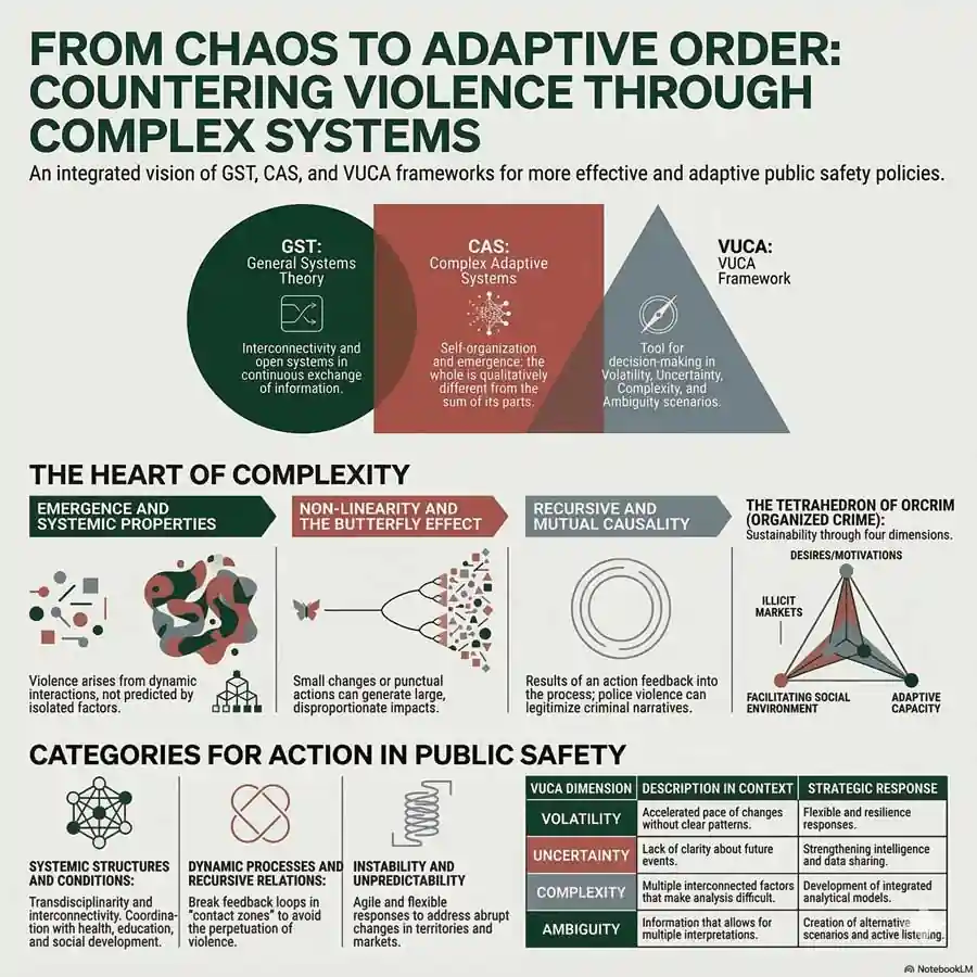 Infographic detailing how complexity science can be applied to public safety to counter violence using GST, CAS, and VUCA frameworks.