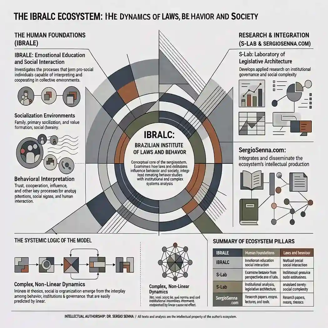 Diagram of the IBRALC Ecosystem illustrating the relationship between laws, human behavior, institutions, and social systems through IBRALE, IBRALC, S-Lab, and SergioSenna.com.