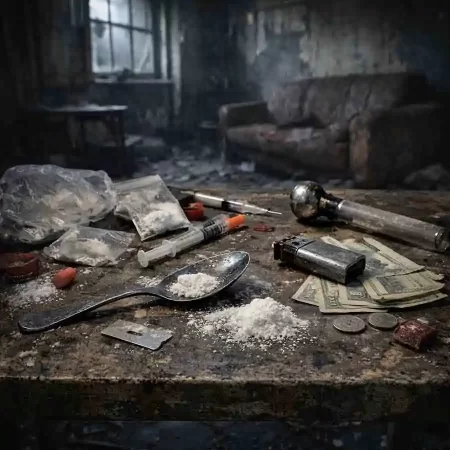 local abandonado com seringas e objetos de uso de drogas representando problema social complexo ligado à violência urbana e políticas públicas