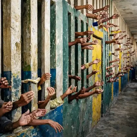 hands of inmates reaching through the bars of prison cells in a corridor, representing the Brazilian penal system and the challenges of public security governance