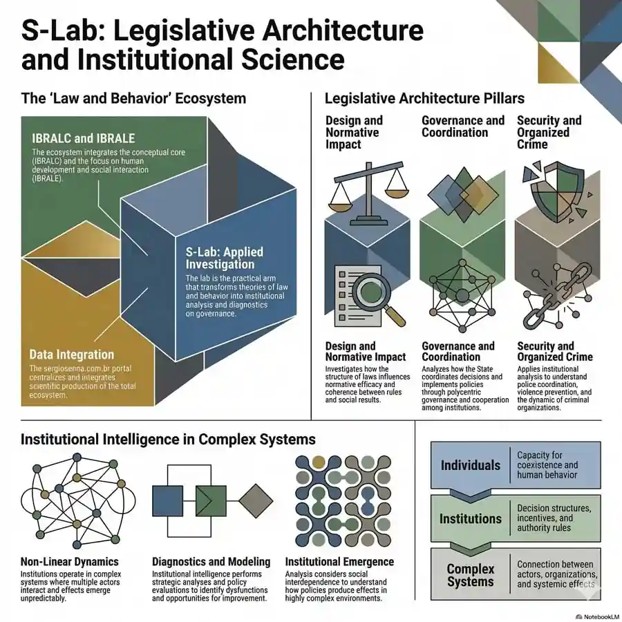 Infographic explaining legislative architecture, governance, institutional analysis, and complex systems in the S-Lab ecosystem