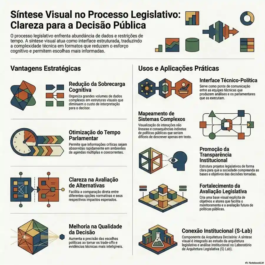 Infográfico sobre síntese visual no processo legislativo mostrando como a organização visual de dados melhora a decisão pública e a análise institucional.