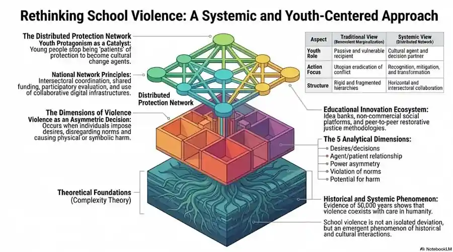 Complex infographic illustrating school violence as an emergent systemic phenomenon, featuring a distributed protection network, youth-centered agency, and five analytical dimensions of violence based on Complexity Theory.