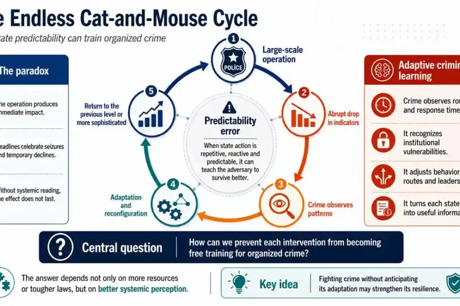 Infographic on the cat-and-mouse cycle in public safety, showing how predictable operations may generate criminal adaptation.