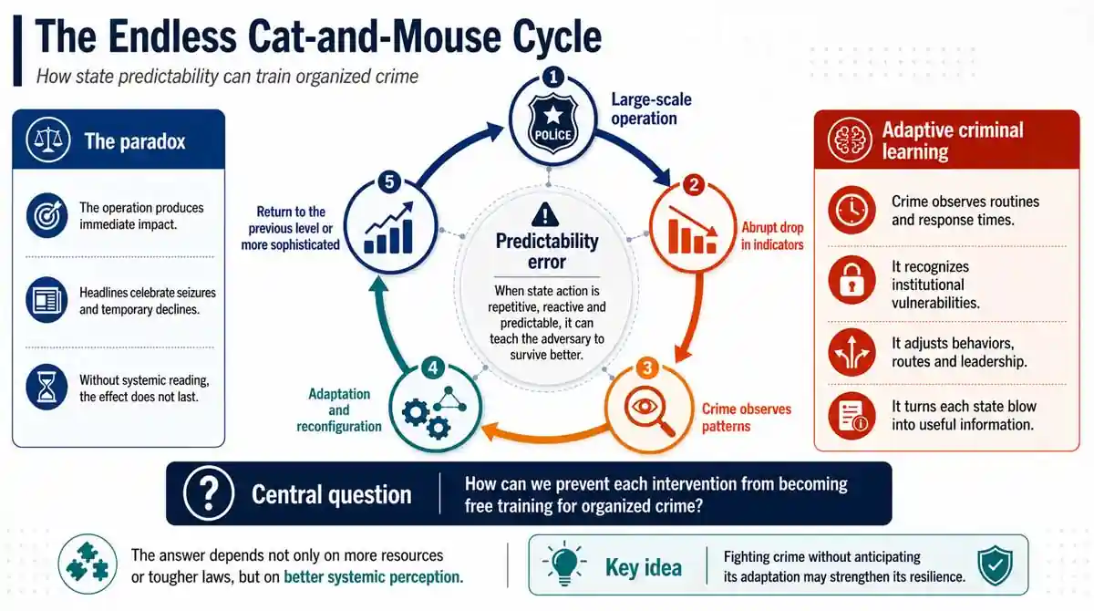 Infographic on the cat-and-mouse cycle in public safety, showing how predictable operations may generate criminal adaptation.