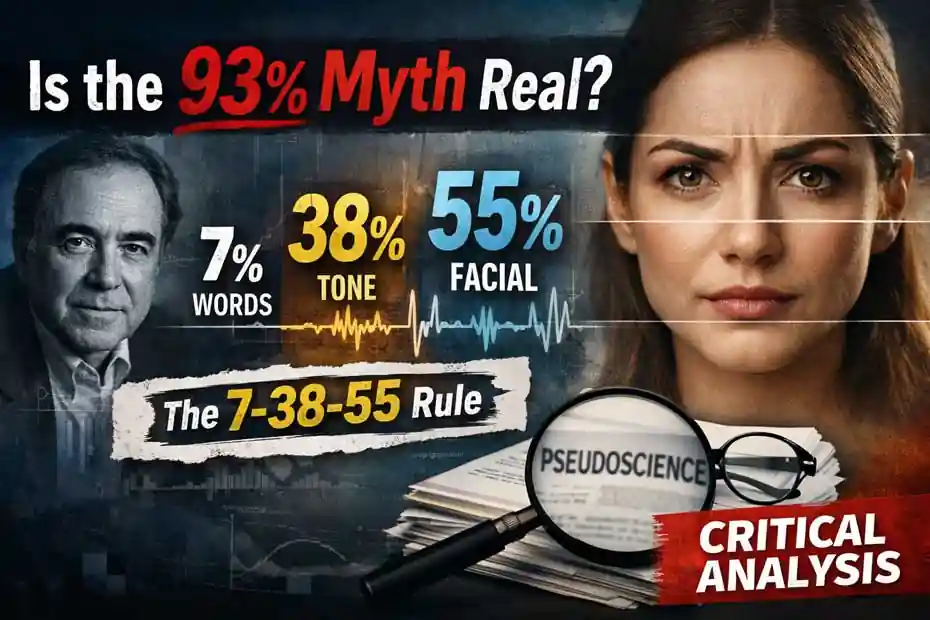 Critical analysis of the 93 percent myth in nonverbal communication showing the 7-38-55 rule, facial expression, tone of voice, and scientific debate.