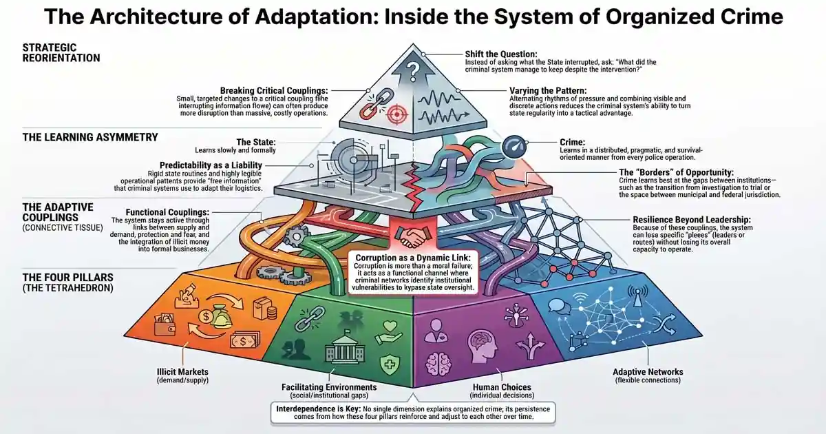 Infographic showing criminal adaptive advantage through learning asymmetry, functional couplings, institutional borders, and the Criminal Organizations Tetrahedron.