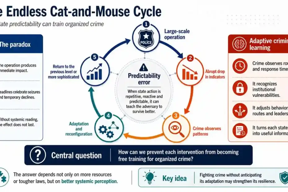 Infographic on the cat-and-mouse cycle in public safety, showing how predictable operations may generate criminal adaptation.