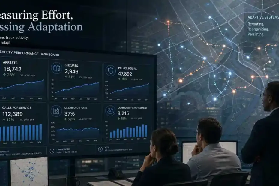 Public security analysts view a dashboard with arrests, seizures, and patrol hours while a city map shows adaptive criminal routes.