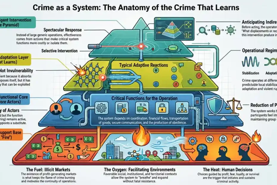 Adaptive elasticity explains how criminal systems absorb pressure, reorganize functions, and preserve resilience through displacement, redundancy, and substitution.
