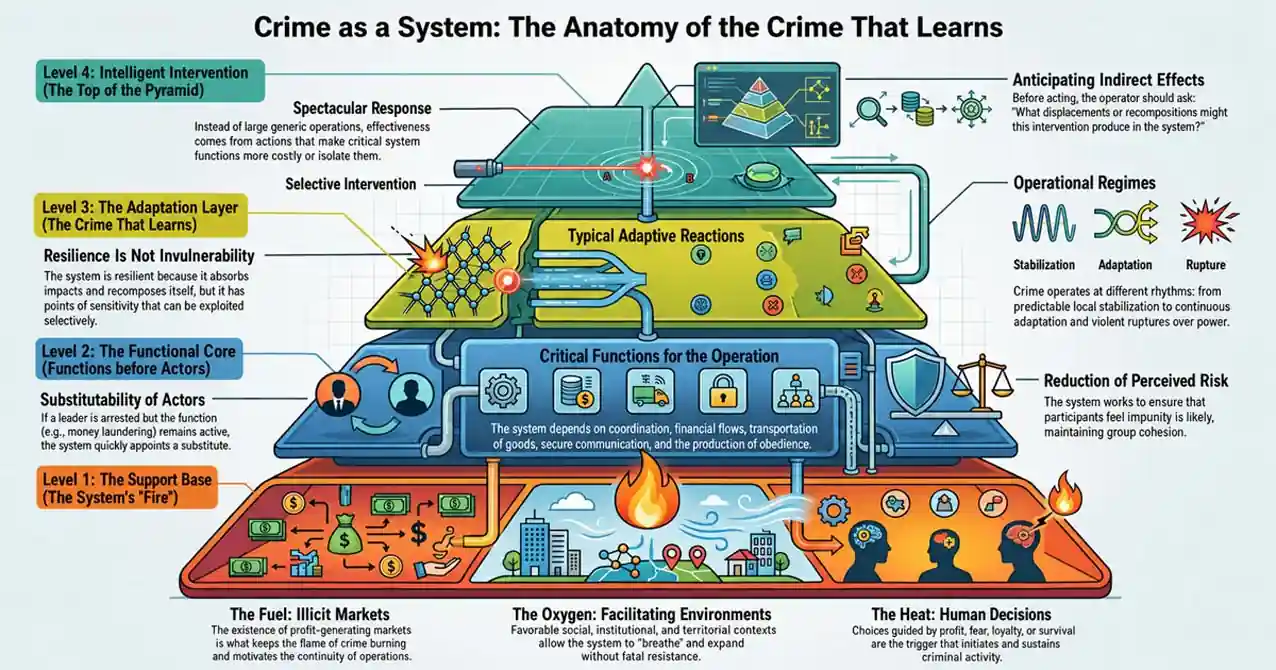 Adaptive elasticity explains how criminal systems absorb pressure, reorganize functions, and preserve resilience through displacement, redundancy, and substitution.