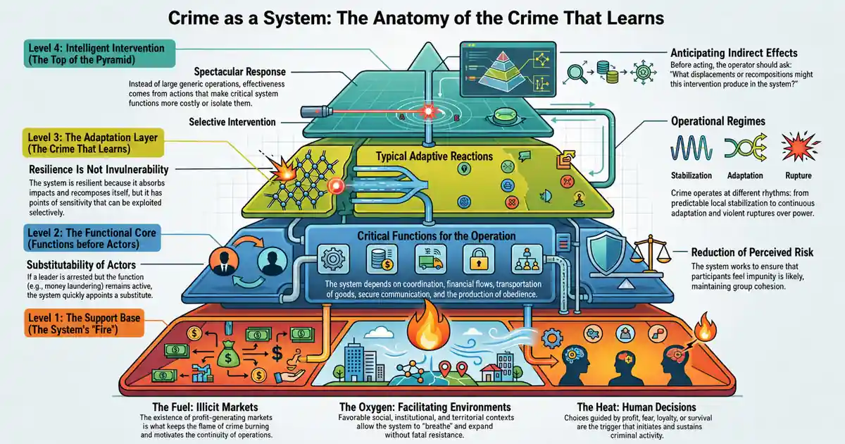 Infographic showing crime as a system, with adaptation layers, critical functions, operational regimes, and indirect effects of intervention.