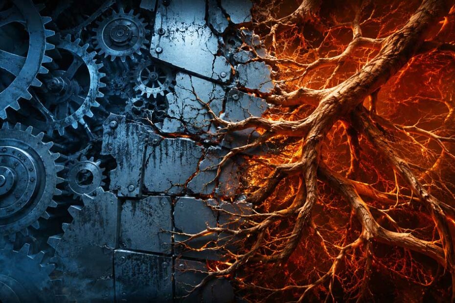Metal gears and glowing roots symbolize criminal adaptive advantage and the couplings between rigid systems and adaptive criminal networks.