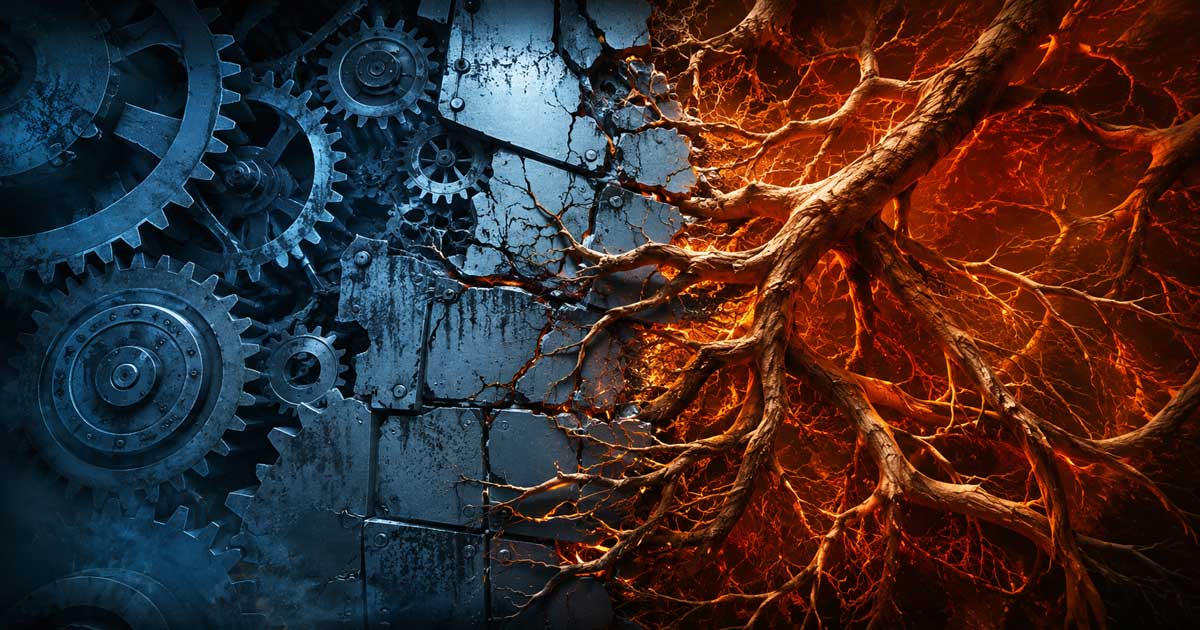 Metal gears and glowing roots symbolize criminal adaptive advantage and the couplings between rigid systems and adaptive criminal networks.