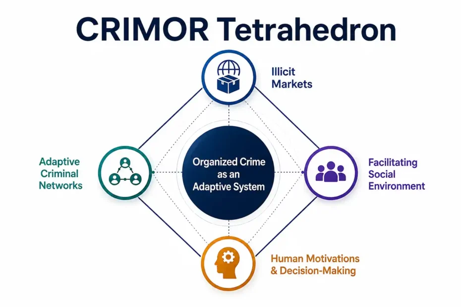 CRIMOR Tetrahedron showing organized crime as an adaptive system through illicit markets, adaptive criminal networks, facilitating social environment, and human motivations.