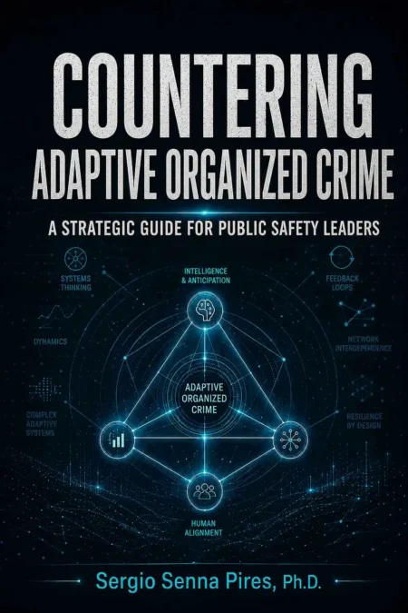 Book cover for Countering Criminal Systems That Learn by Sergio Senna Pires, Ph.D., presenting a strategic guide to adaptive criminal systems, intelligence, anticipation, systems thinking, network interdependence, and public safety decision-making.